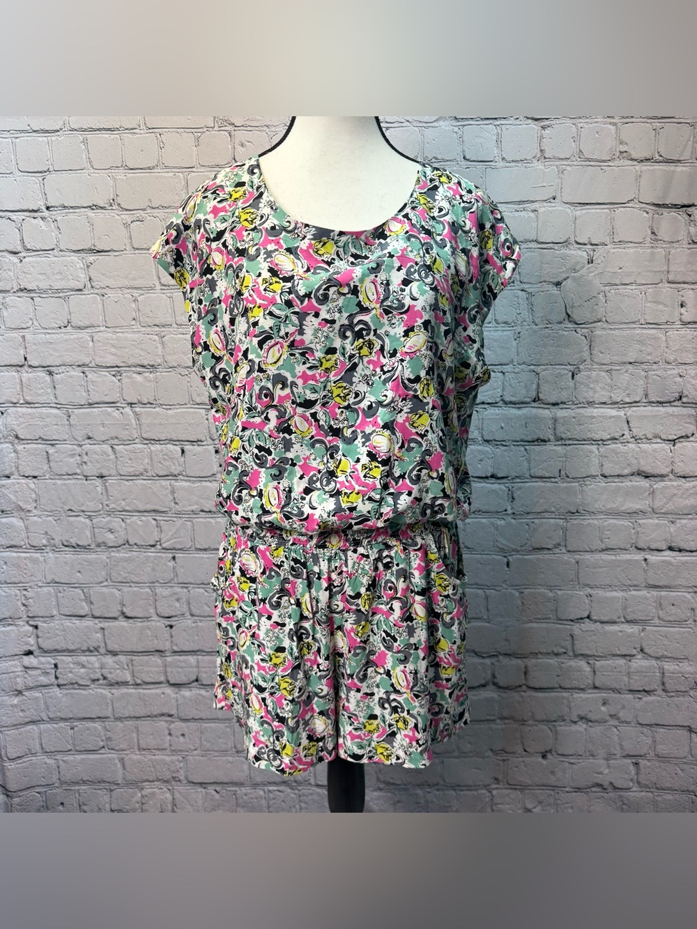 Betsey Johnson Vibrant Abstract Romper Drop Waist Sleeveless 80s Inspired Size M